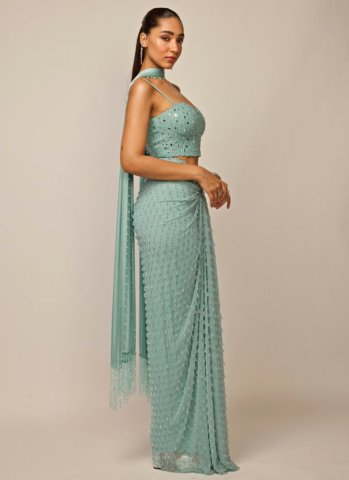 Powder Blue Georgette Draped Skirt Set