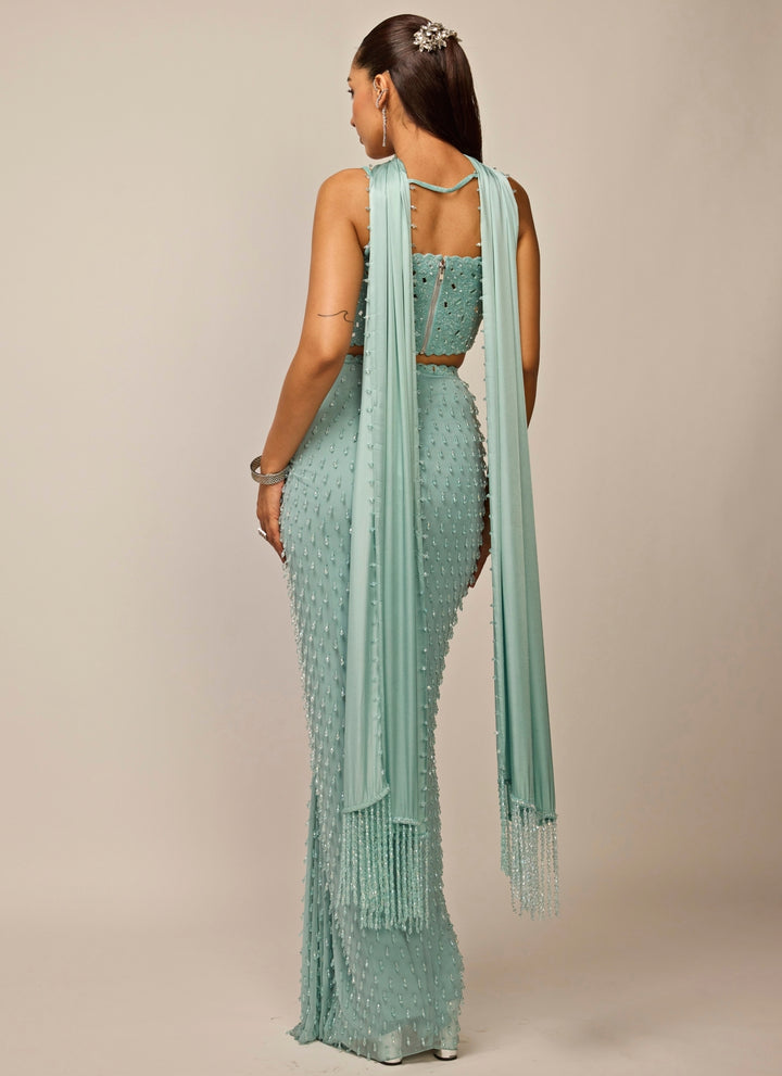 Powder Blue Georgette Draped Skirt Set