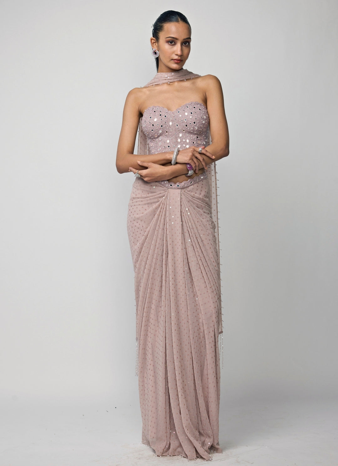 Ash Pink Georgette Drape Skirt With Corset