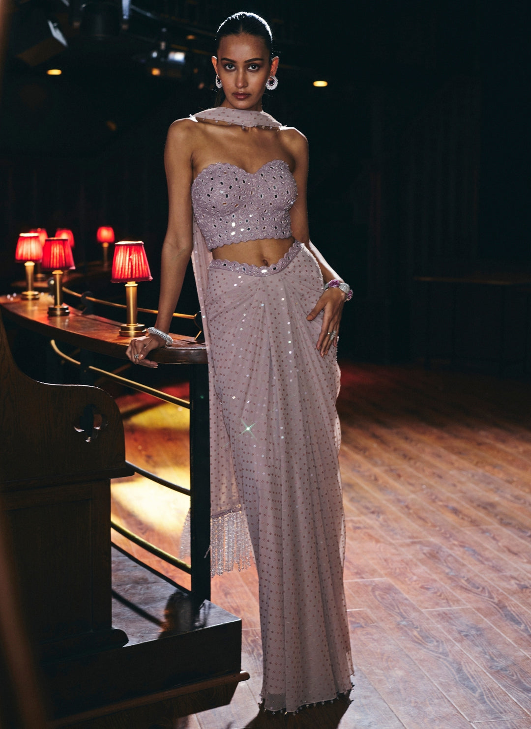 Ash Pink Georgette Drape Skirt With Corset