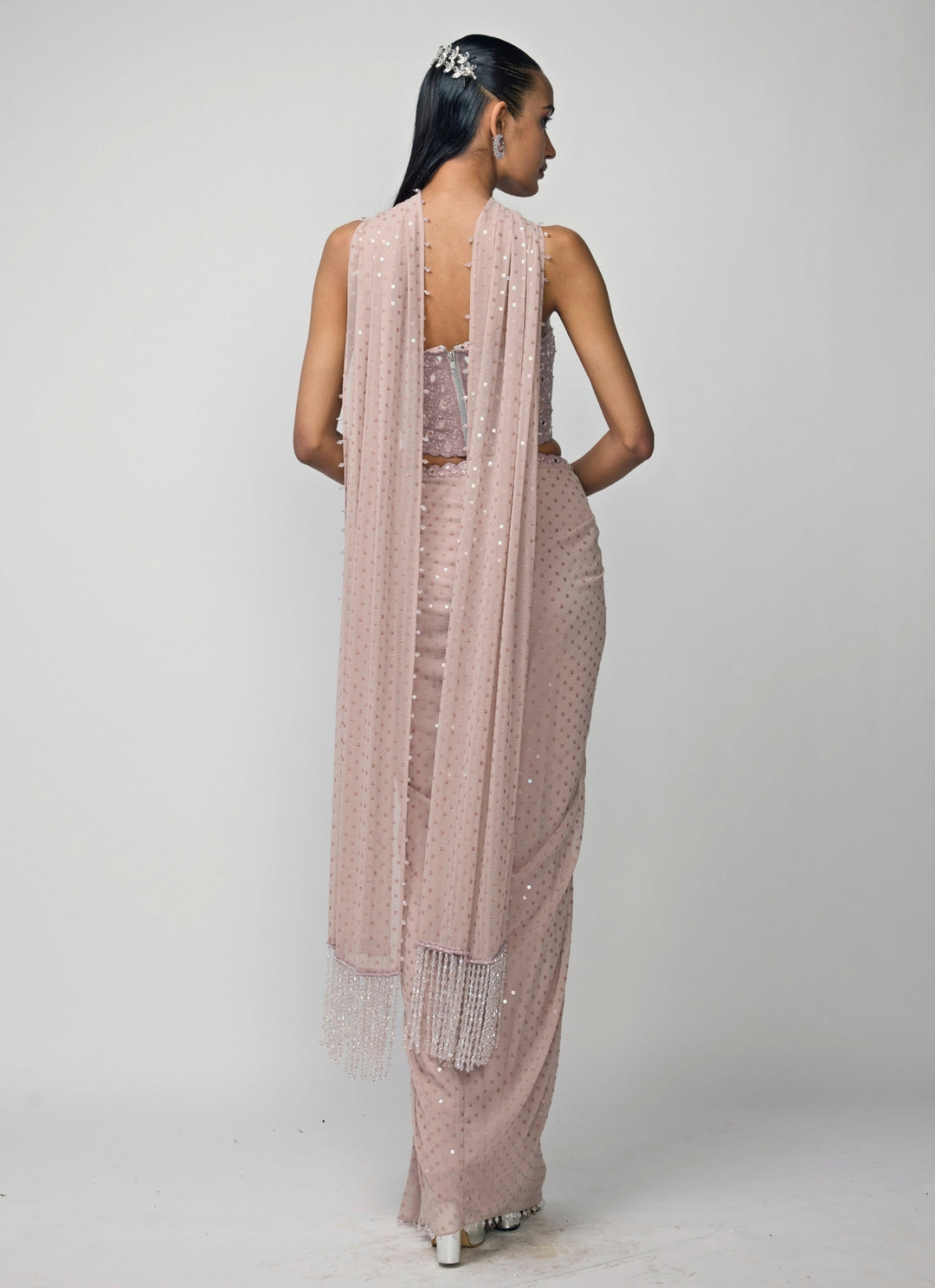 Ash Pink Georgette Drape Skirt With Corset