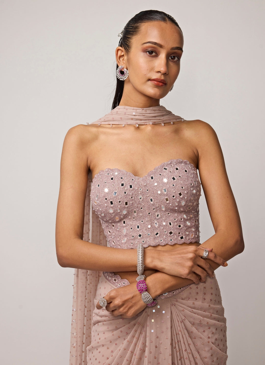 Ash Pink Georgette Drape Skirt With Corset