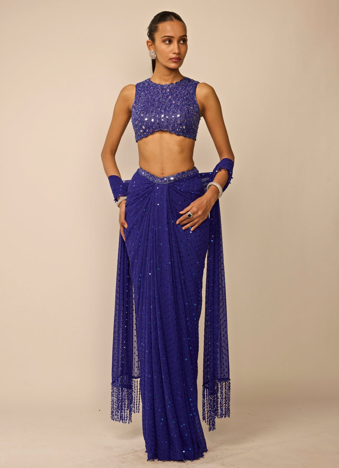 Blue Georgette Draped Skirt Set