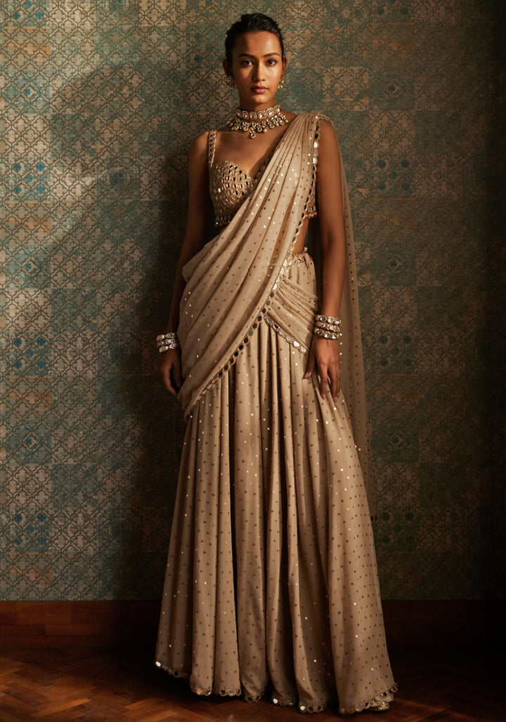 Beige Gold Pre Draped Saree With Embroidered Mirror Blouse