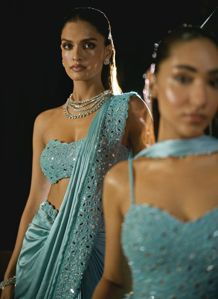 Powder Blue Satin Pre-Draped Saree