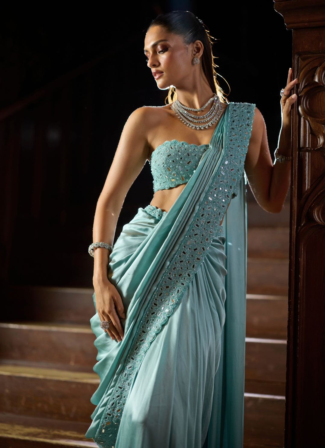 Powder Blue Satin Pre-Draped Saree