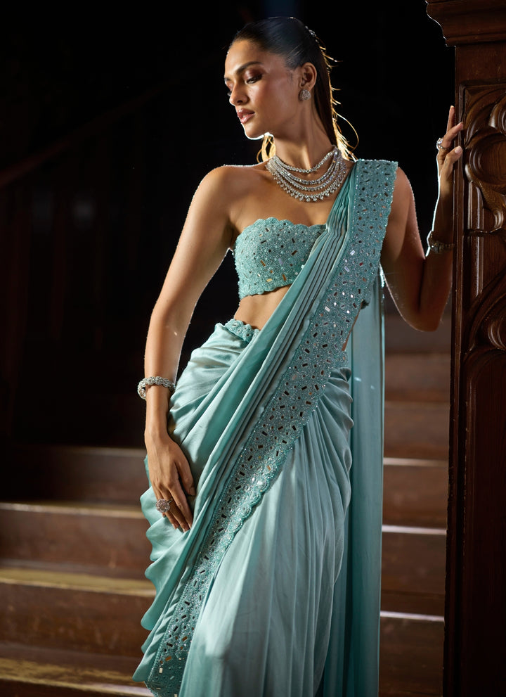 Powder Blue Satin Pre-Draped Saree