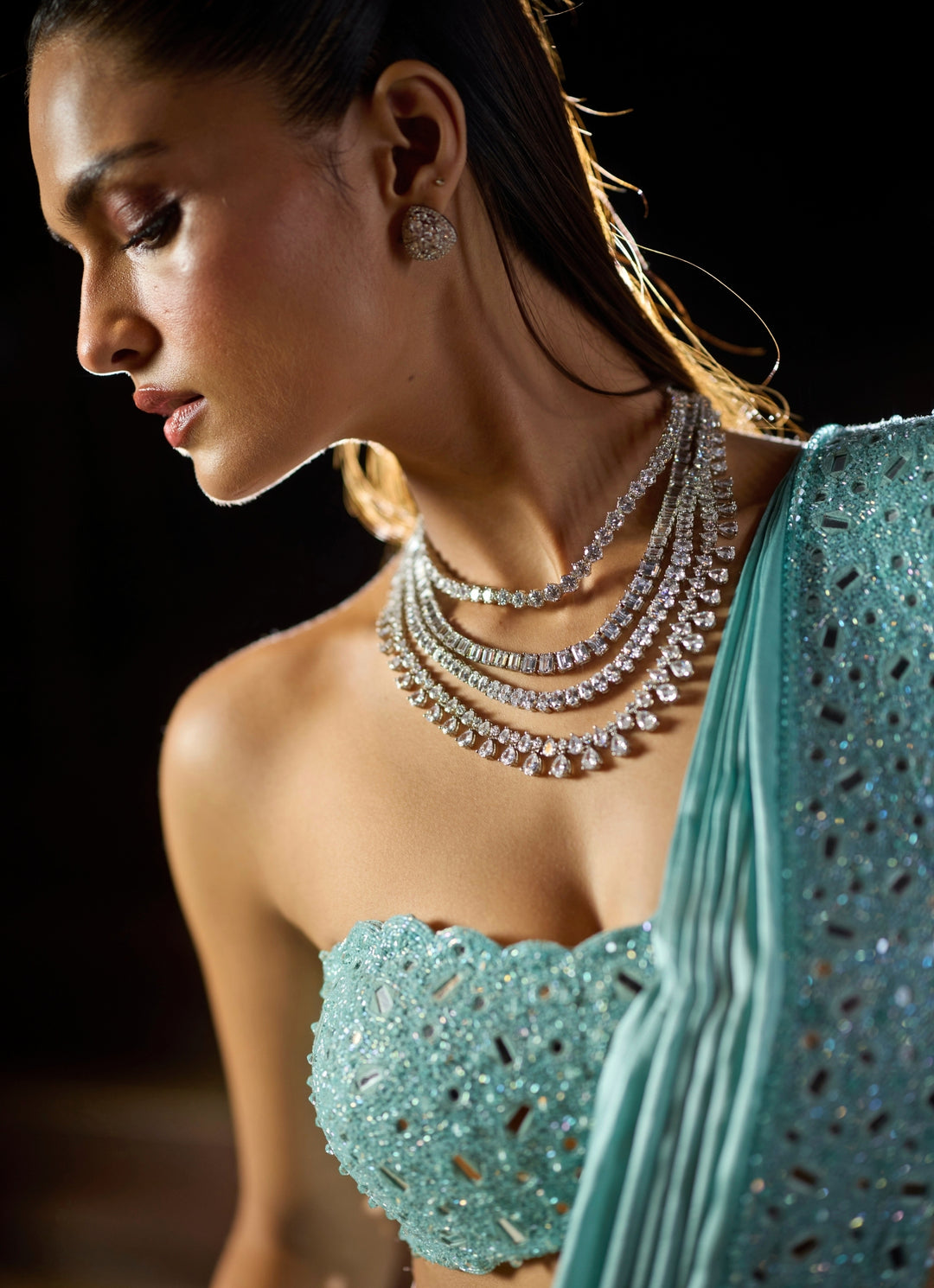 Powder Blue Satin Pre-Draped Saree