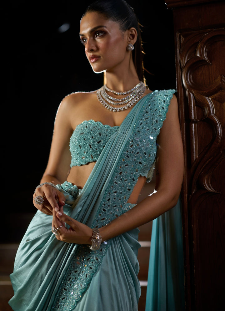 Powder Blue Satin Pre-Draped Saree