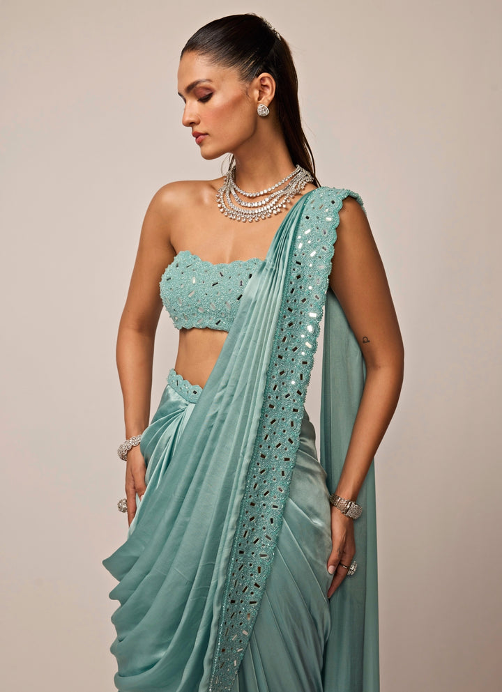 Powder Blue Satin Pre-Draped Saree