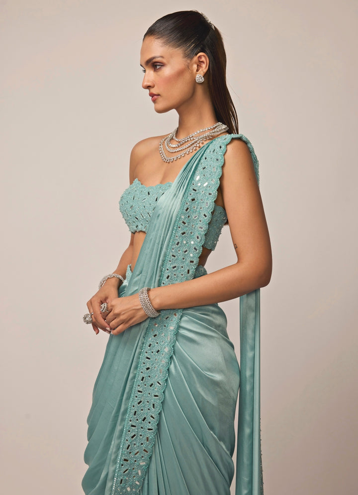 Powder Blue Satin Pre-Draped Saree