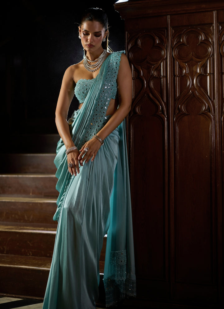 Powder Blue Satin Pre-Draped Saree
