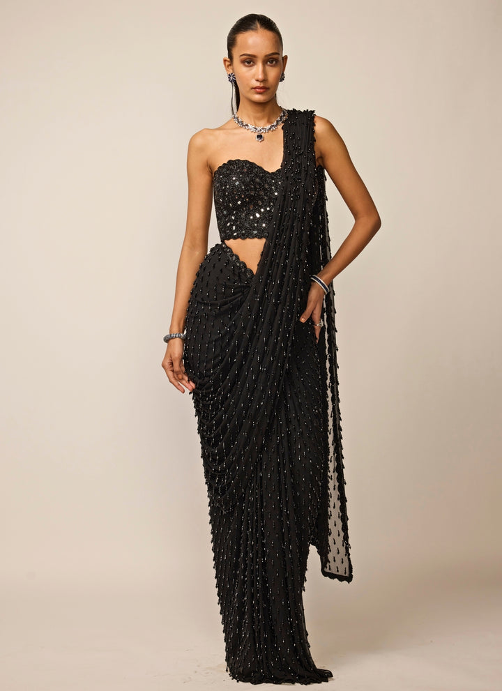 Black Single Drop Georgette Pre-Draped Saree With Corset