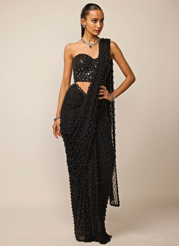 Black Single Drop Georgette Pre-Draped Saree With Corset