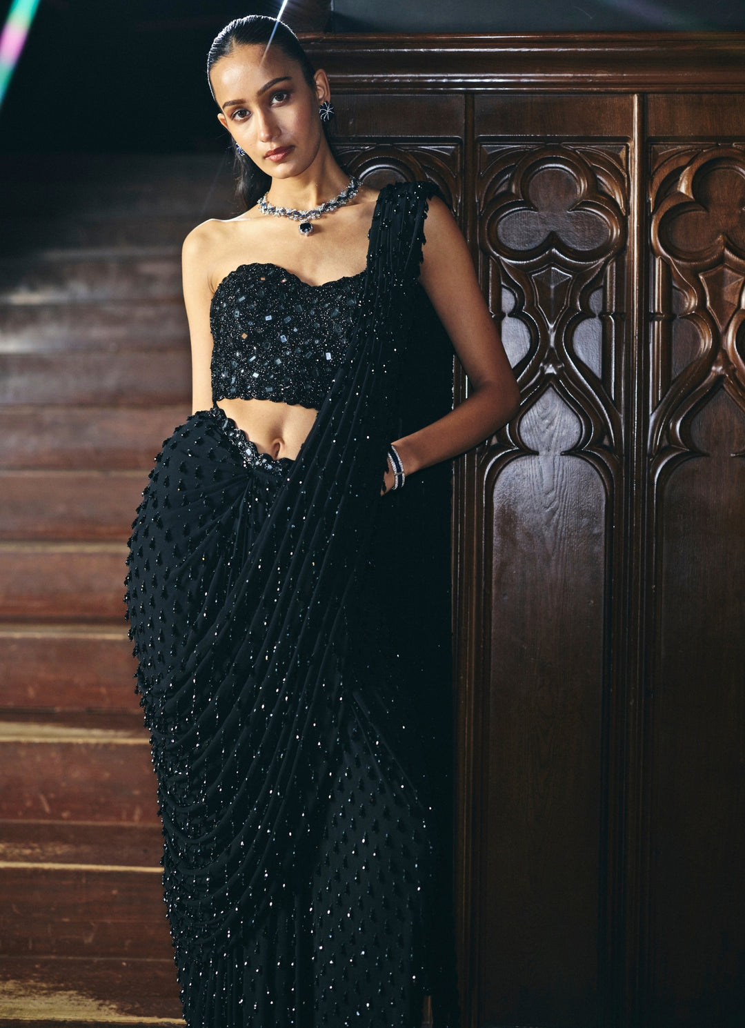 Black Single Drop Georgette Pre-Draped Saree With Corset