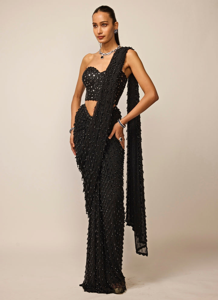Black Single Drop Georgette Pre-Draped Saree With Corset