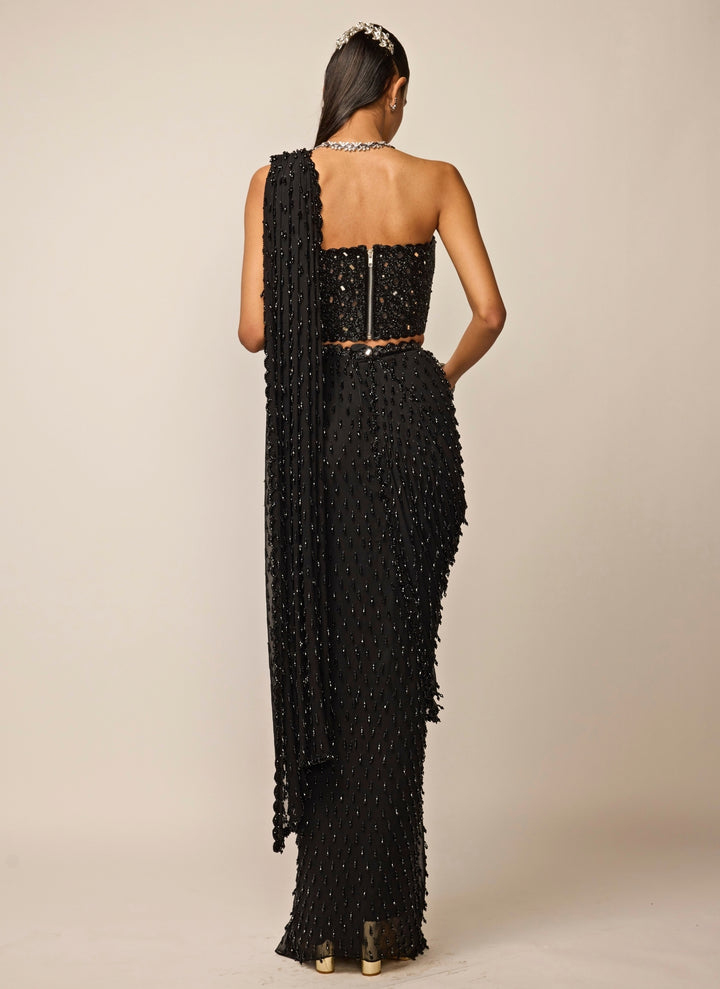 Black Single Drop Georgette Pre-Draped Saree With Corset