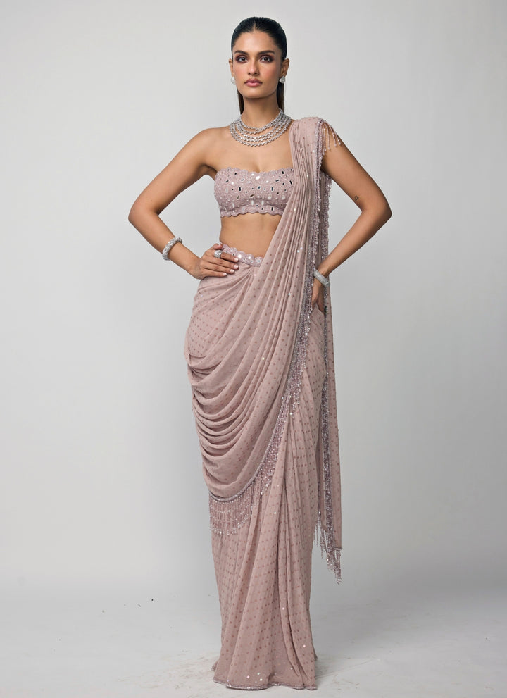 Ash Pink Georgette Pre-Draped Saree