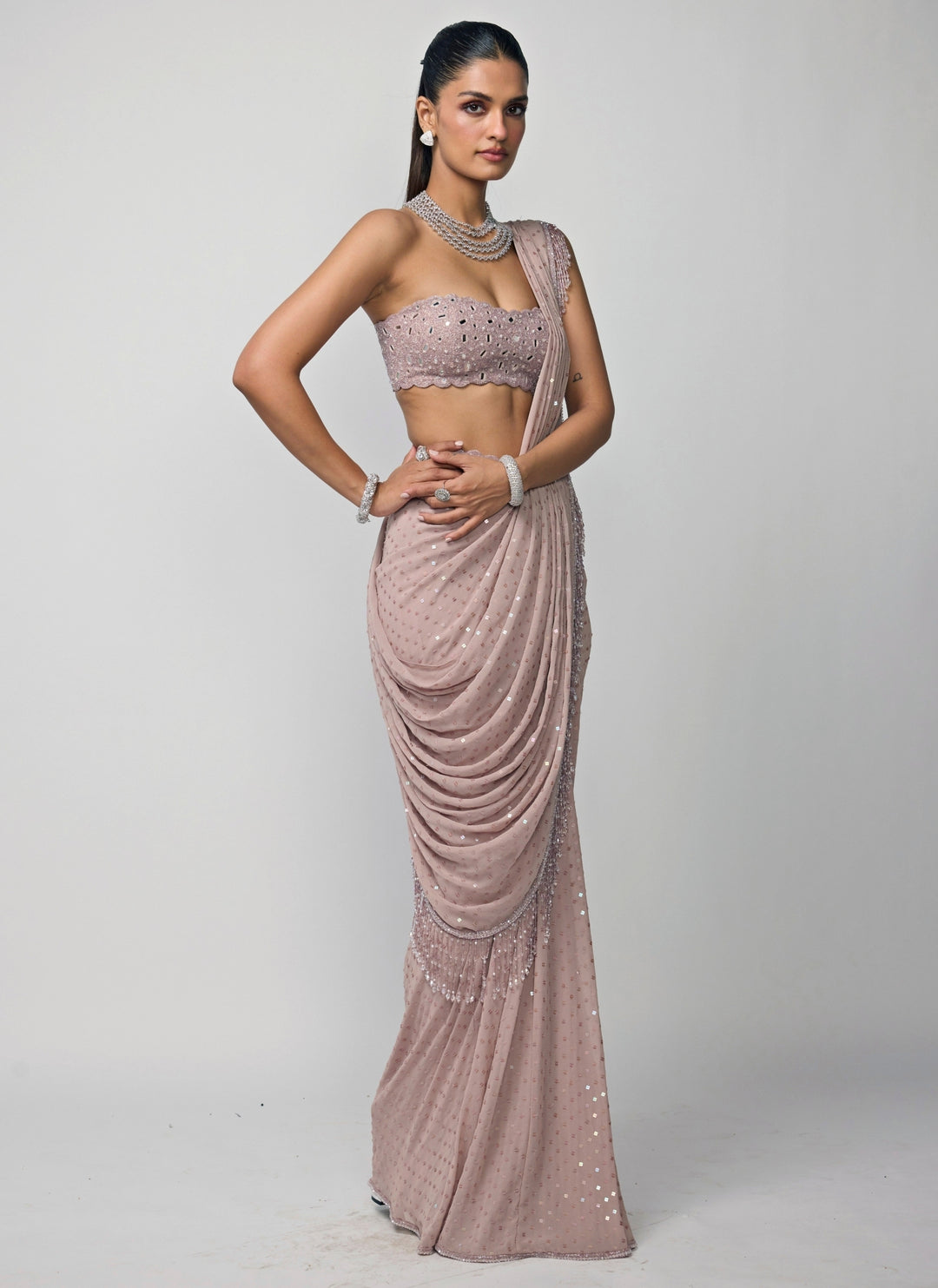 Ash Pink Georgette Pre-Draped Saree