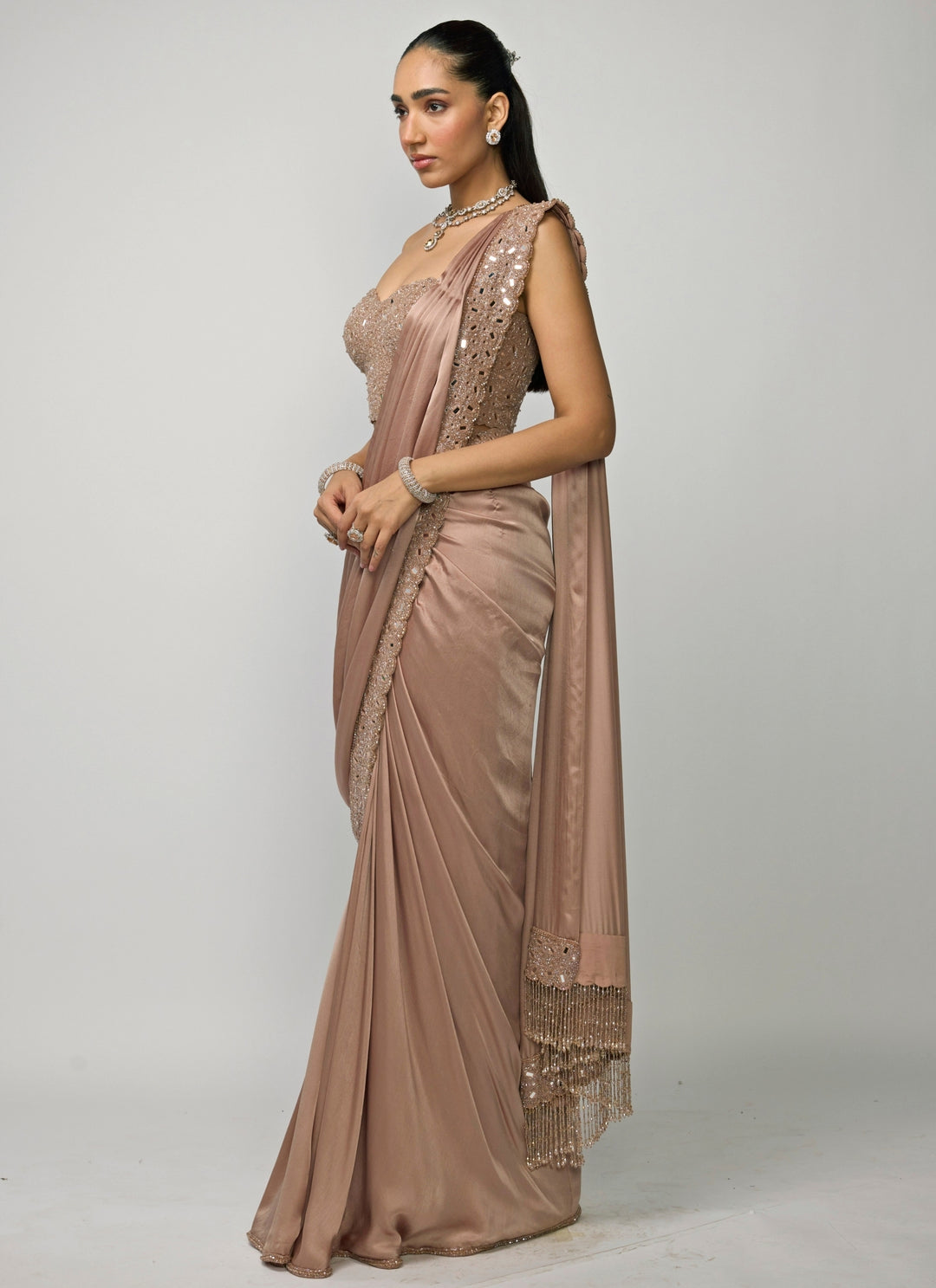 Copper Brown Satin Pre-Draped Saree With Corset