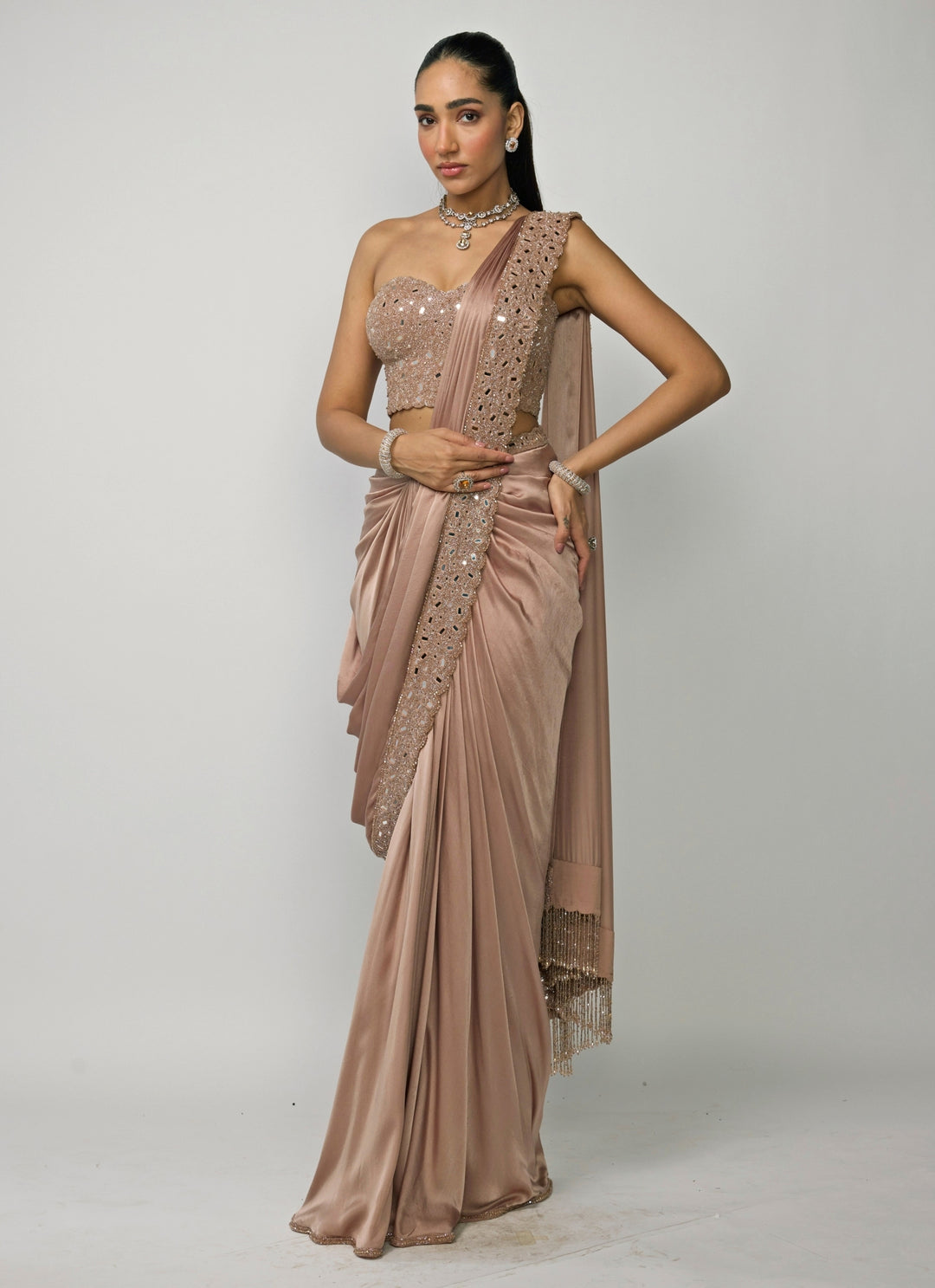 Copper Brown Satin Pre-Draped Saree With Corset