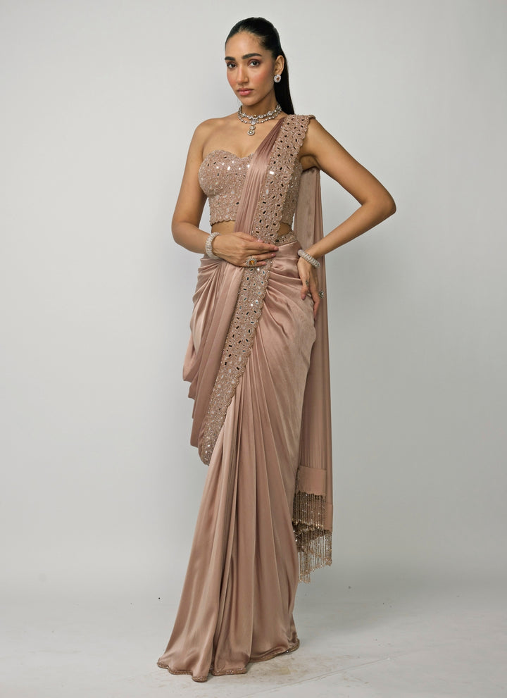 Copper Brown Satin Pre-Draped Saree With Corset