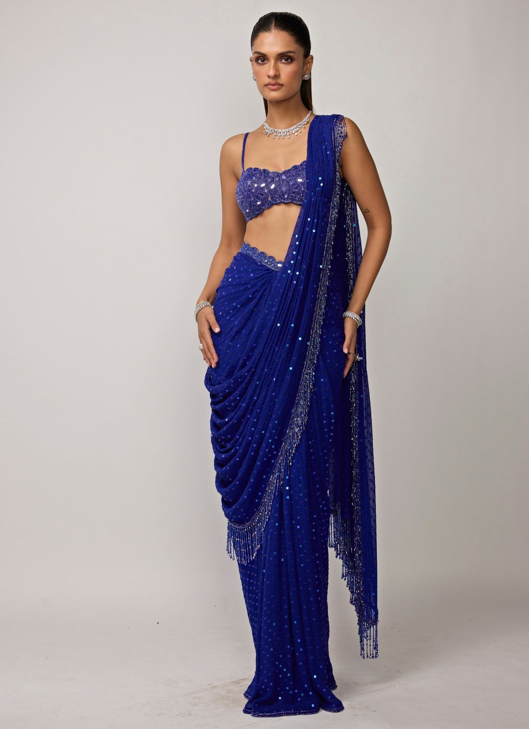 Blue Georgette Pre-Draped Saree Set