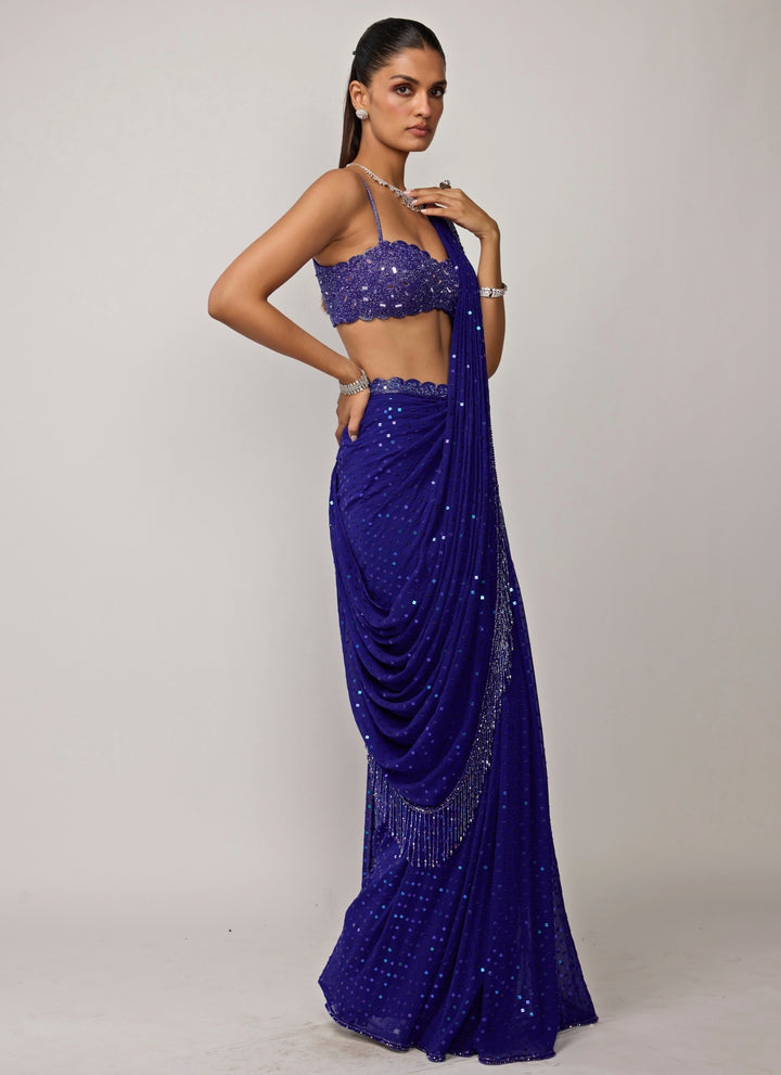 Blue Georgette Pre-Draped Saree Set