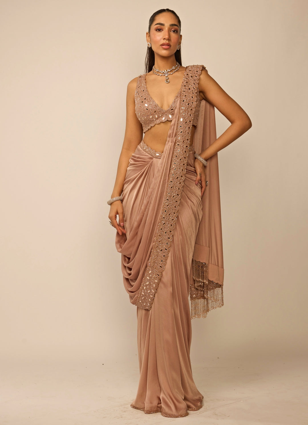 Copper Brown Satin Draped Saree Set