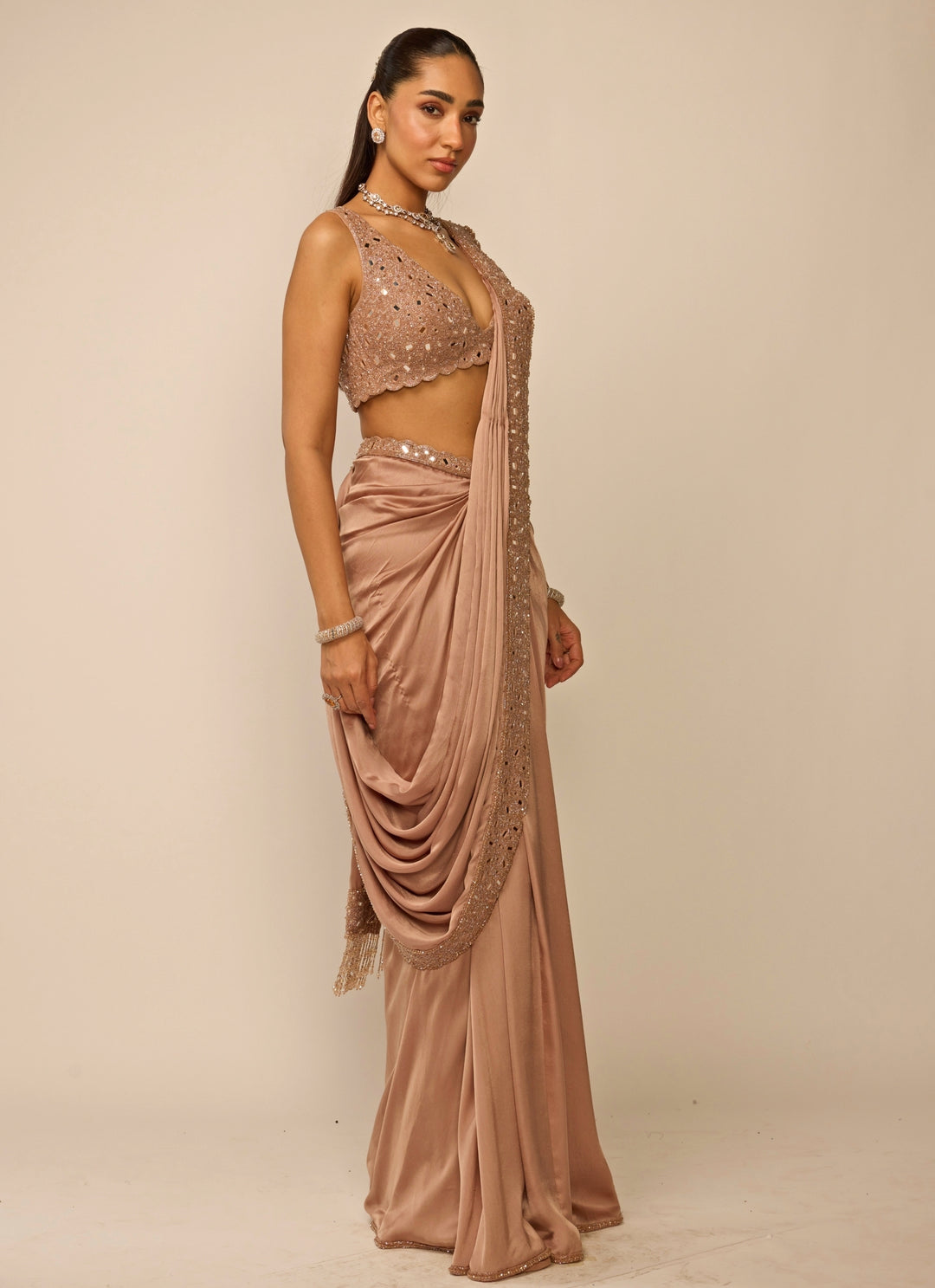 Copper Brown Satin Draped Saree Set