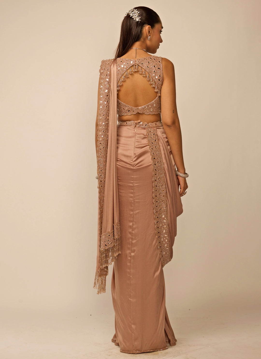 Copper Brown Satin Draped Saree Set