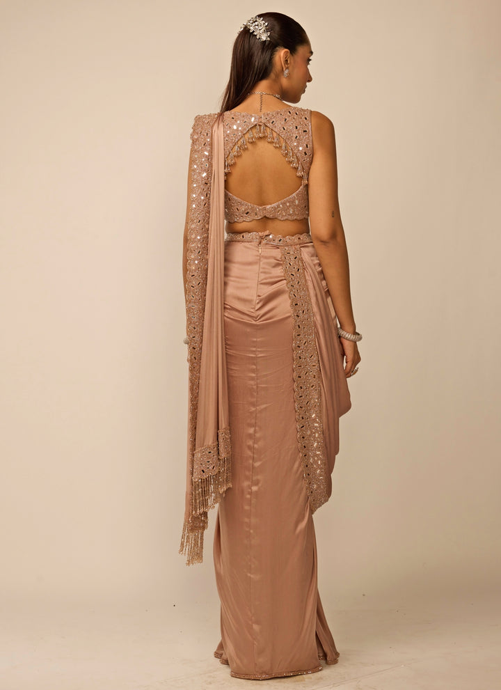 Copper Brown Satin Draped Saree Set