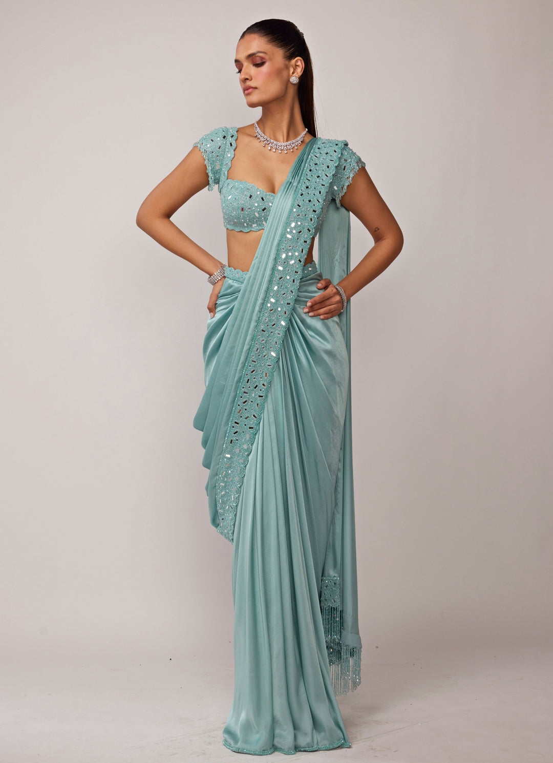 Powder Blue Satin Pre-Draped Saree Set