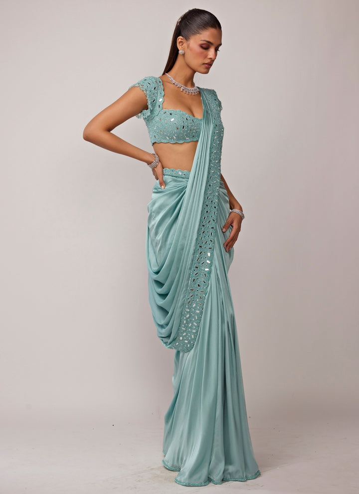 Powder Blue Satin Pre-Draped Saree Set