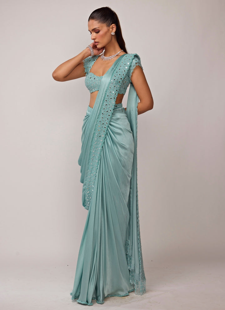 Powder Blue Satin Pre-Draped Saree Set