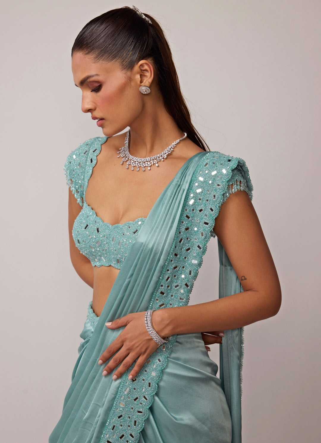 Powder Blue Satin Pre-Draped Saree Set