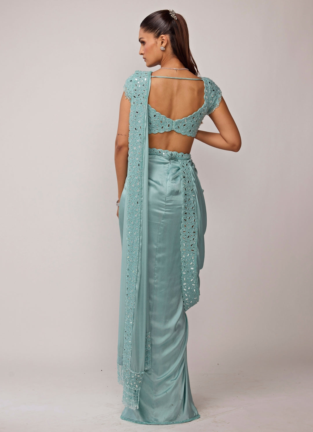 Powder Blue Satin Pre-Draped Saree Set