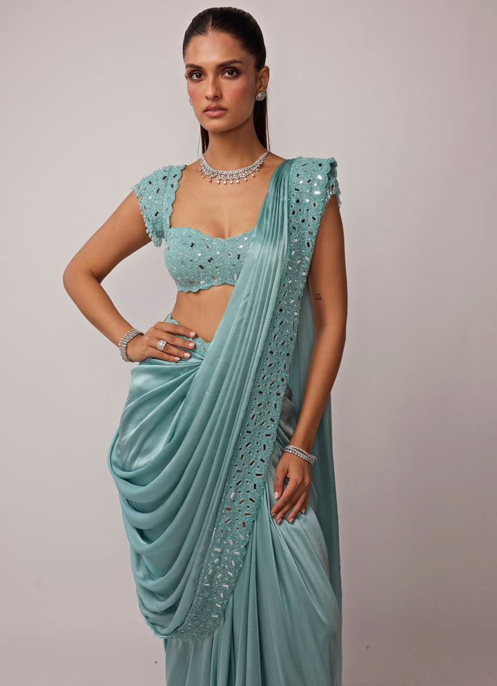 Powder Blue Satin Pre-Draped Saree Set