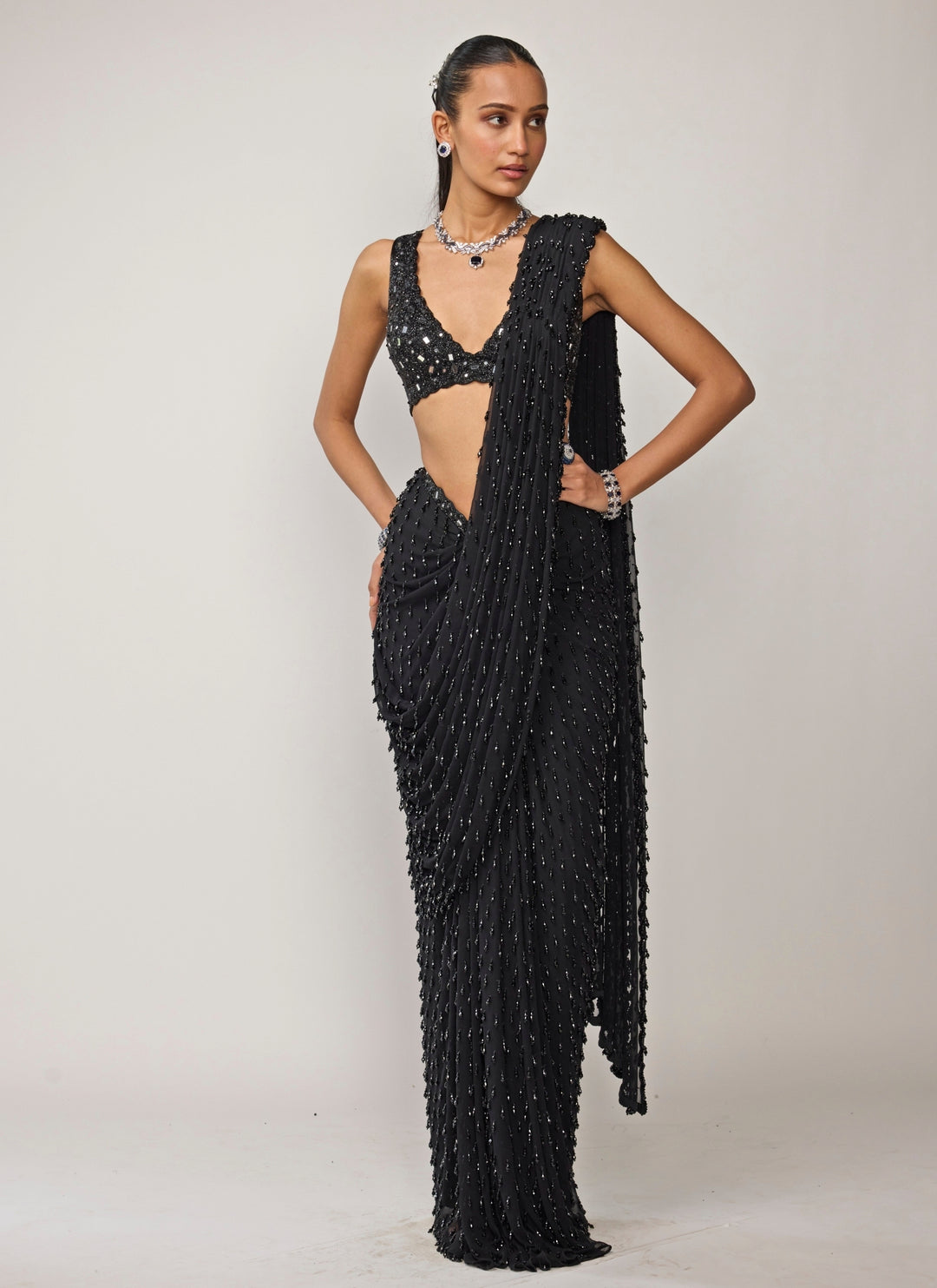 Black Georgette Pre-Draped Saree Set