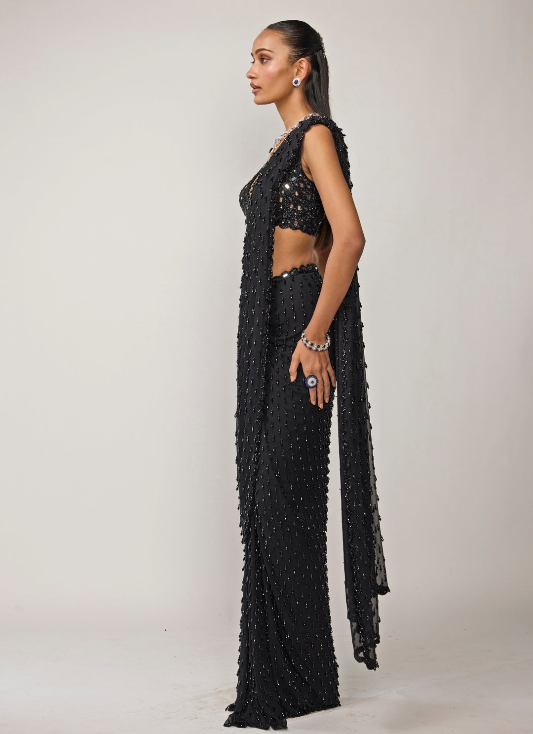 Black Georgette Pre-Draped Saree Set