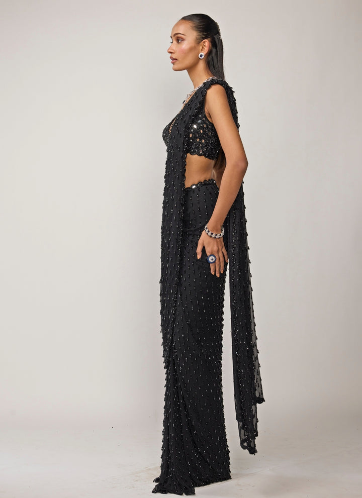 Black Georgette Pre-Draped Saree Set