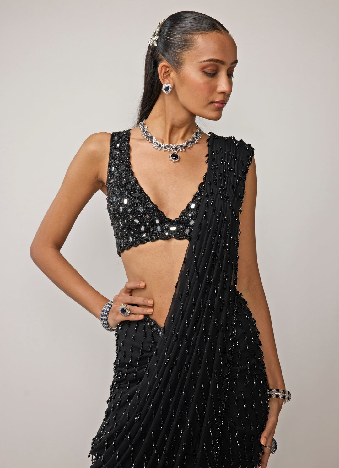Black Georgette Pre-Draped Saree Set