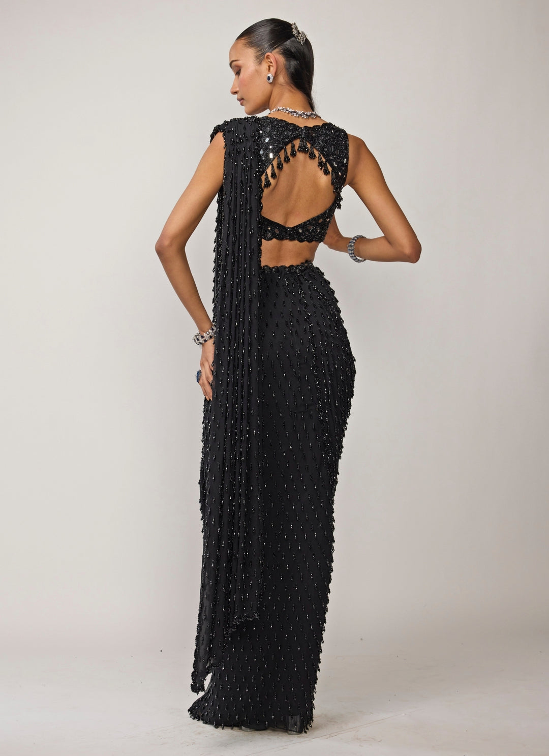 Black Georgette Pre-Draped Saree Set