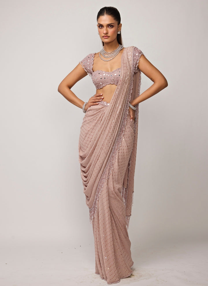Ash Pink Embroidered Pre-Draped Saree