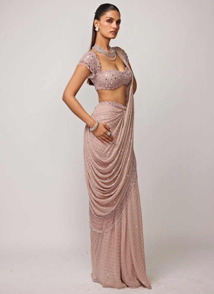 Ash Pink Embroidered Pre-Draped Saree