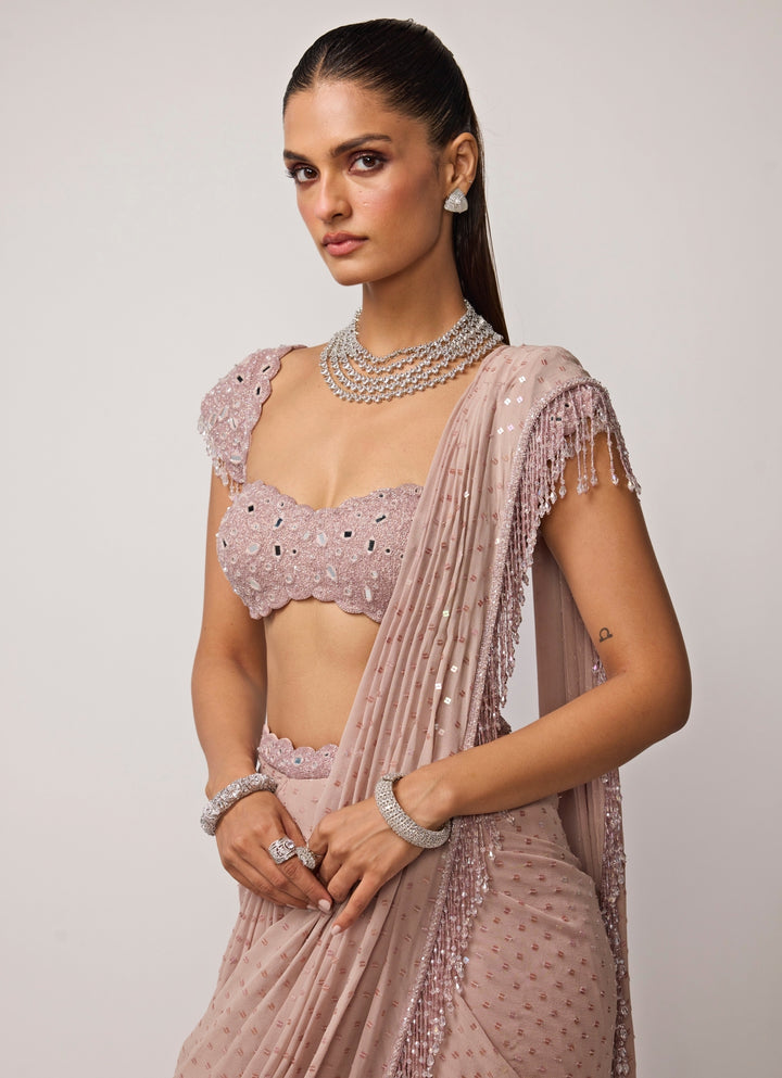 Ash Pink Embroidered Pre-Draped Saree