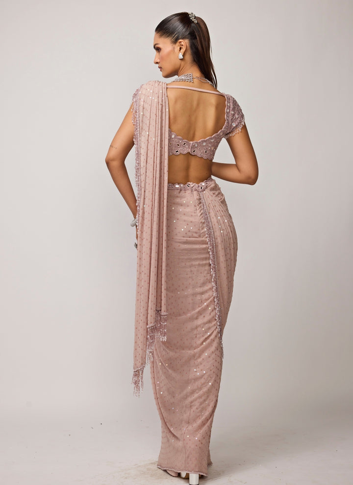 Ash Pink Embroidered Pre-Draped Saree