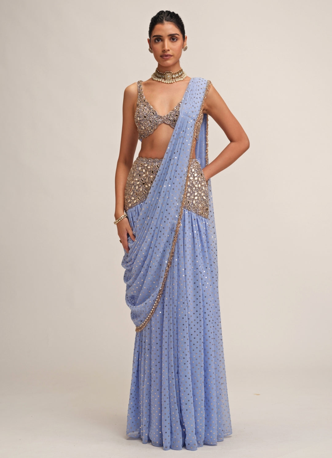 Dew Blue Georgette Pre-Draped Saree