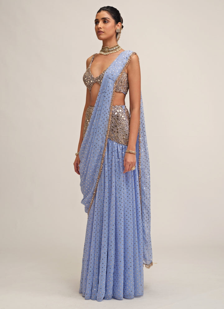 Dew Blue Georgette Pre-Draped Saree