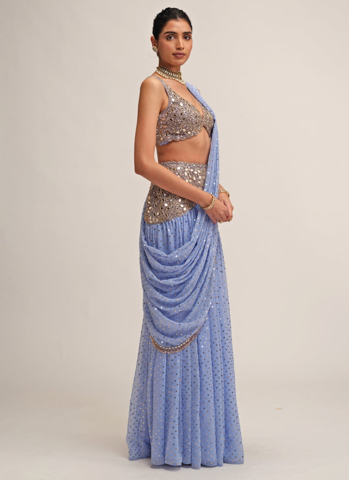 Dew Blue Georgette Pre-Draped Saree